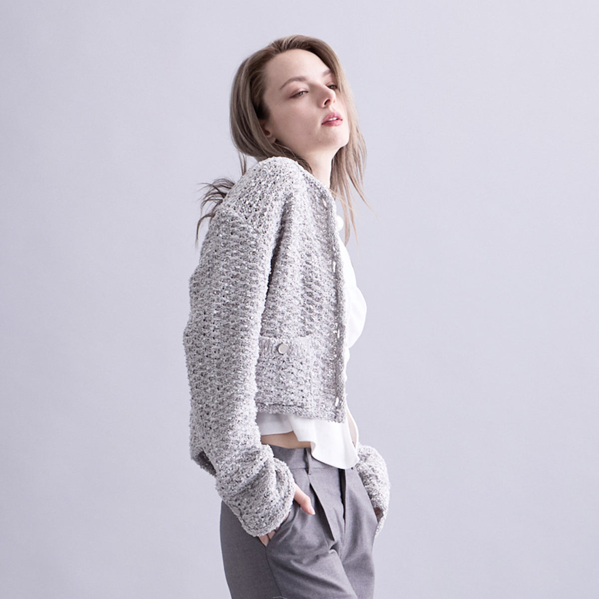 LOW GAUGE YARN TWEED KNIT CARDIGAN