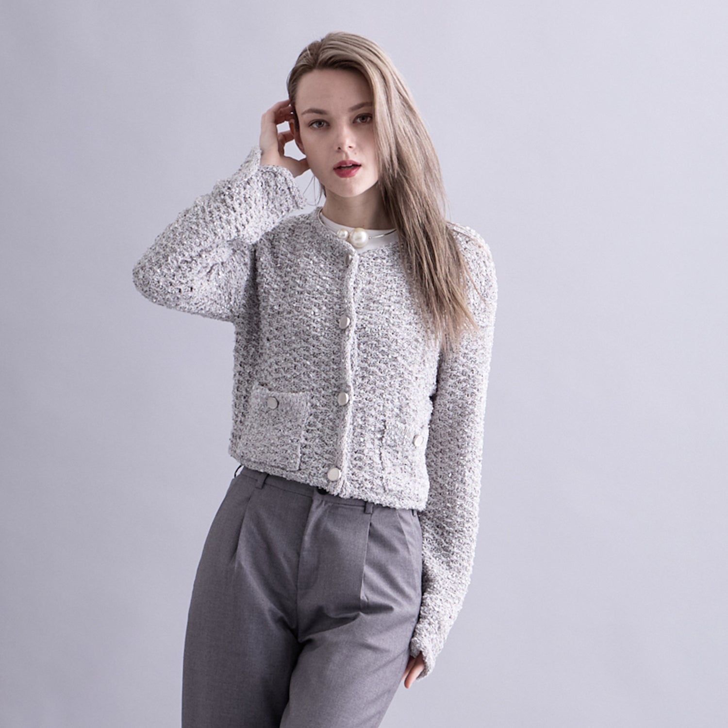 LOW GAUGE YARN TWEED KNIT CARDIGAN