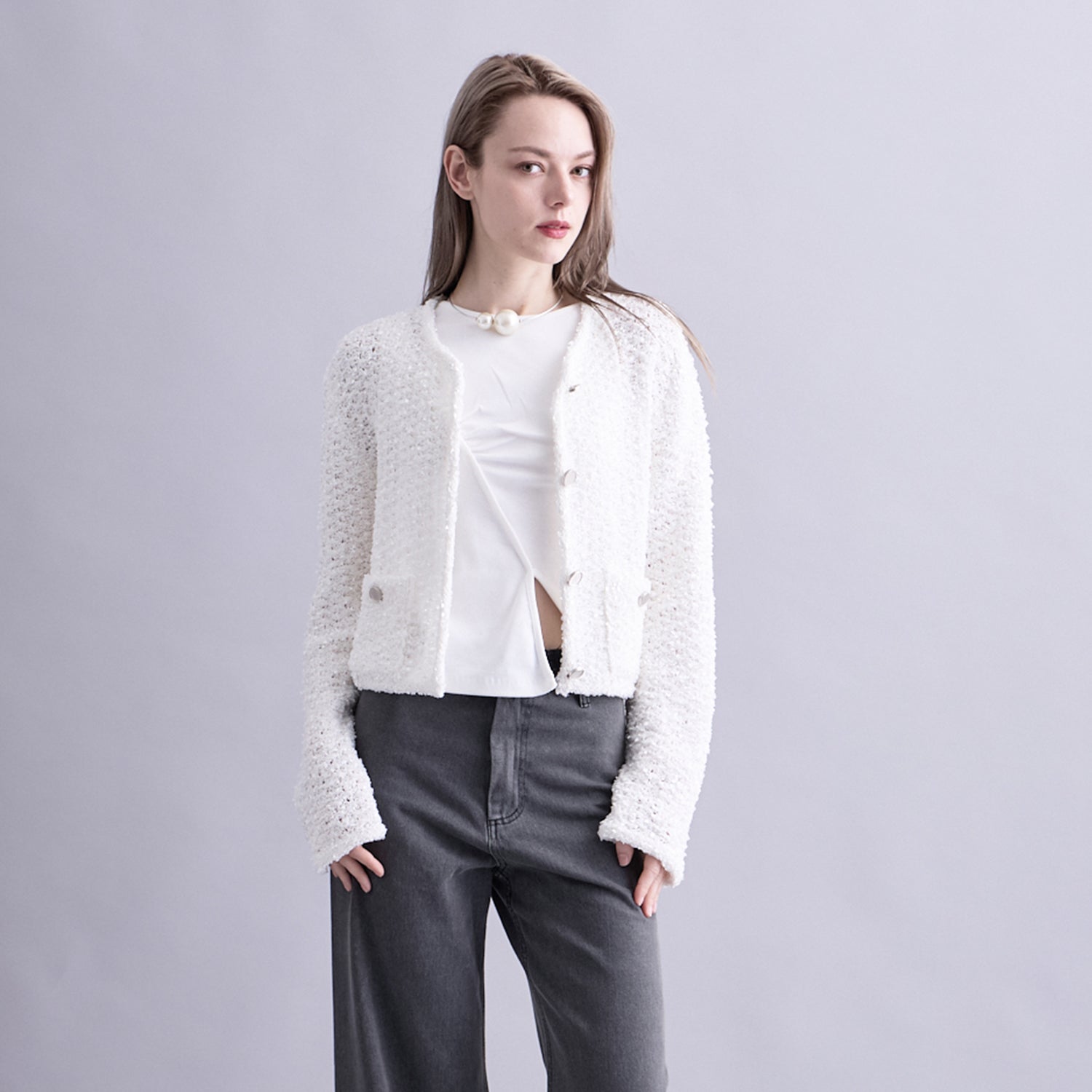 LOW GAUGE YARN TWEED KNIT CARDIGAN