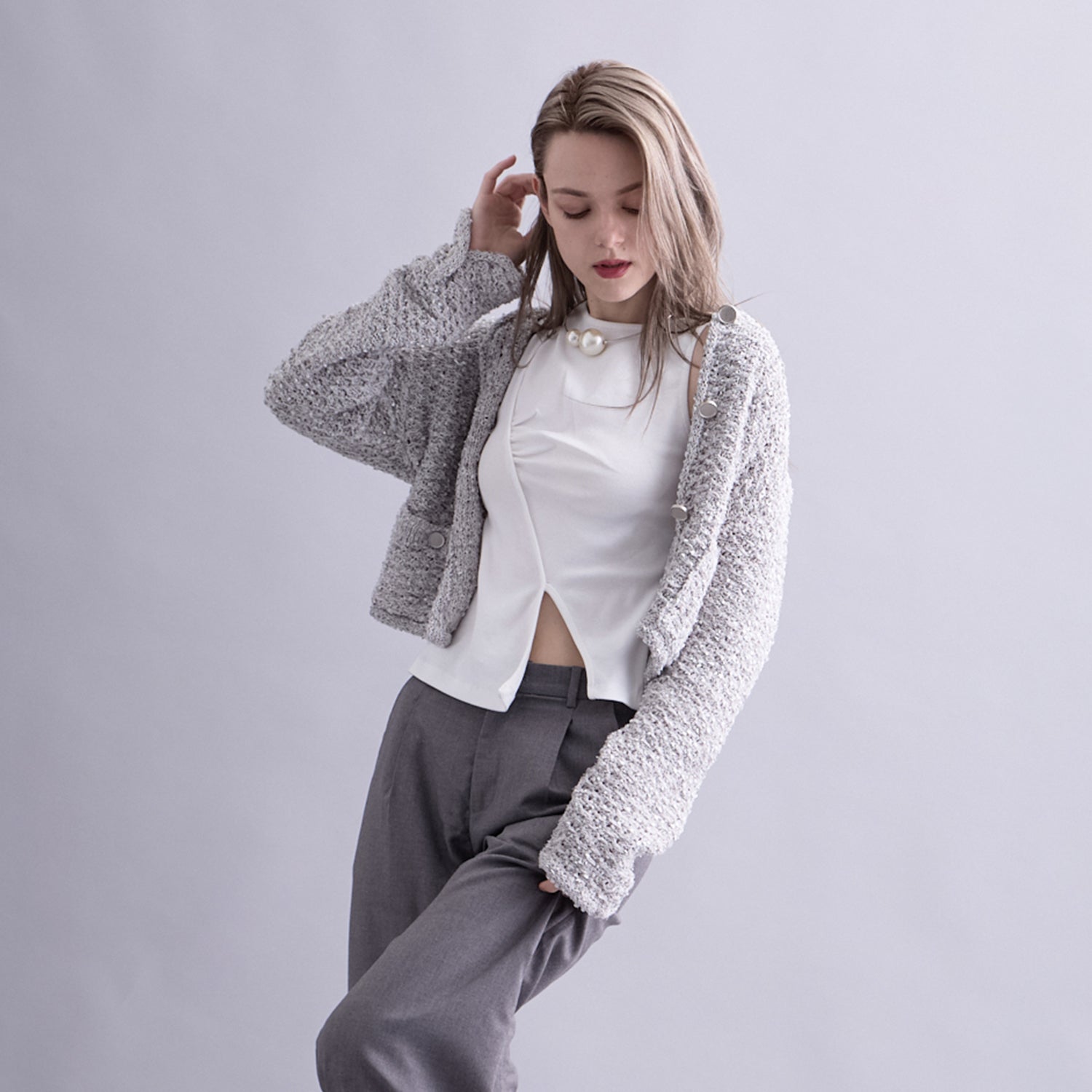 LOW GAUGE YARN TWEED KNIT CARDIGAN