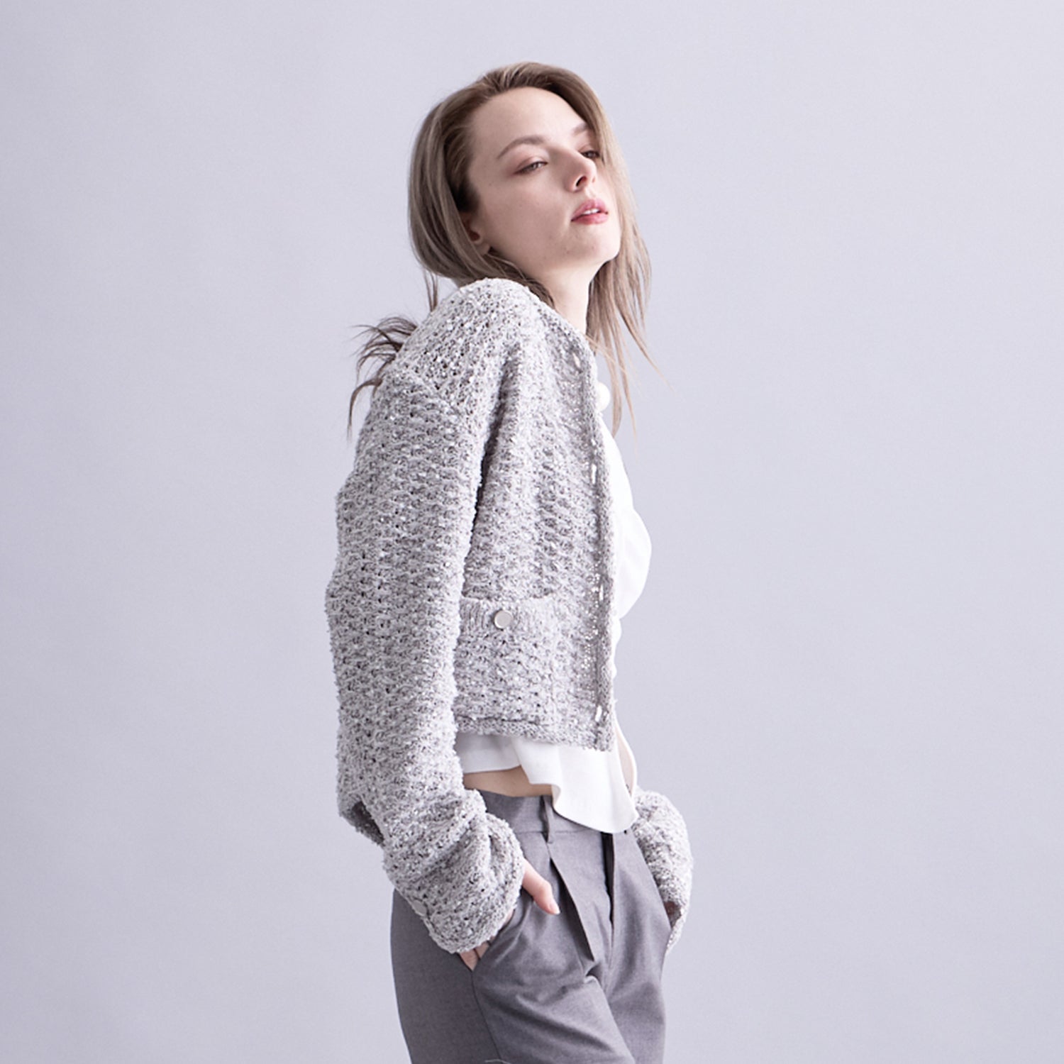 LOW GAUGE YARN TWEED KNIT CARDIGAN